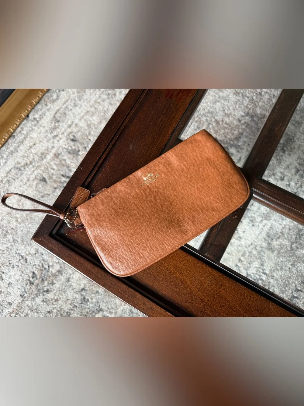 Coach Pebble Leather Wristlet in Tan Brown with Gold Logo